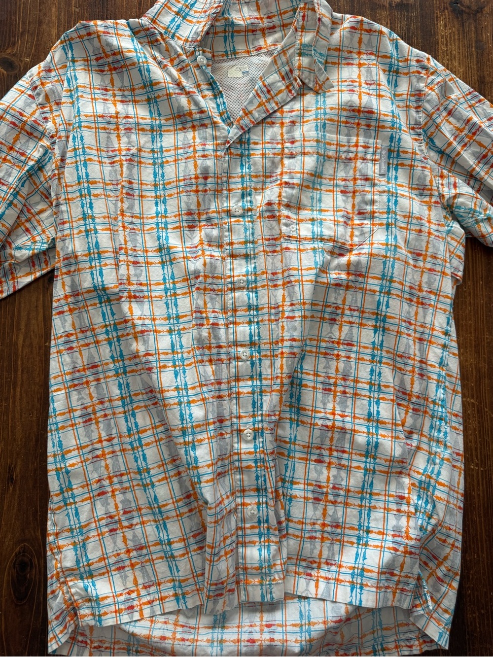 Columbia White Short-Sleeve Button-Down Shirt with Blue & Orange Plaid